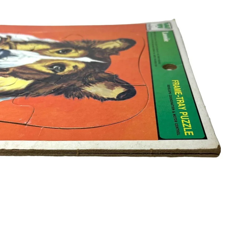 Vintage 1973 Whitman Cardboard Frame-Tray Puzzle Lassie with Basket of Puppies